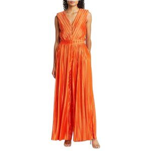 Btfl Life Thena Sleeveless Pleated Satin Jumpsuit Size Medium Orange Wide Leg